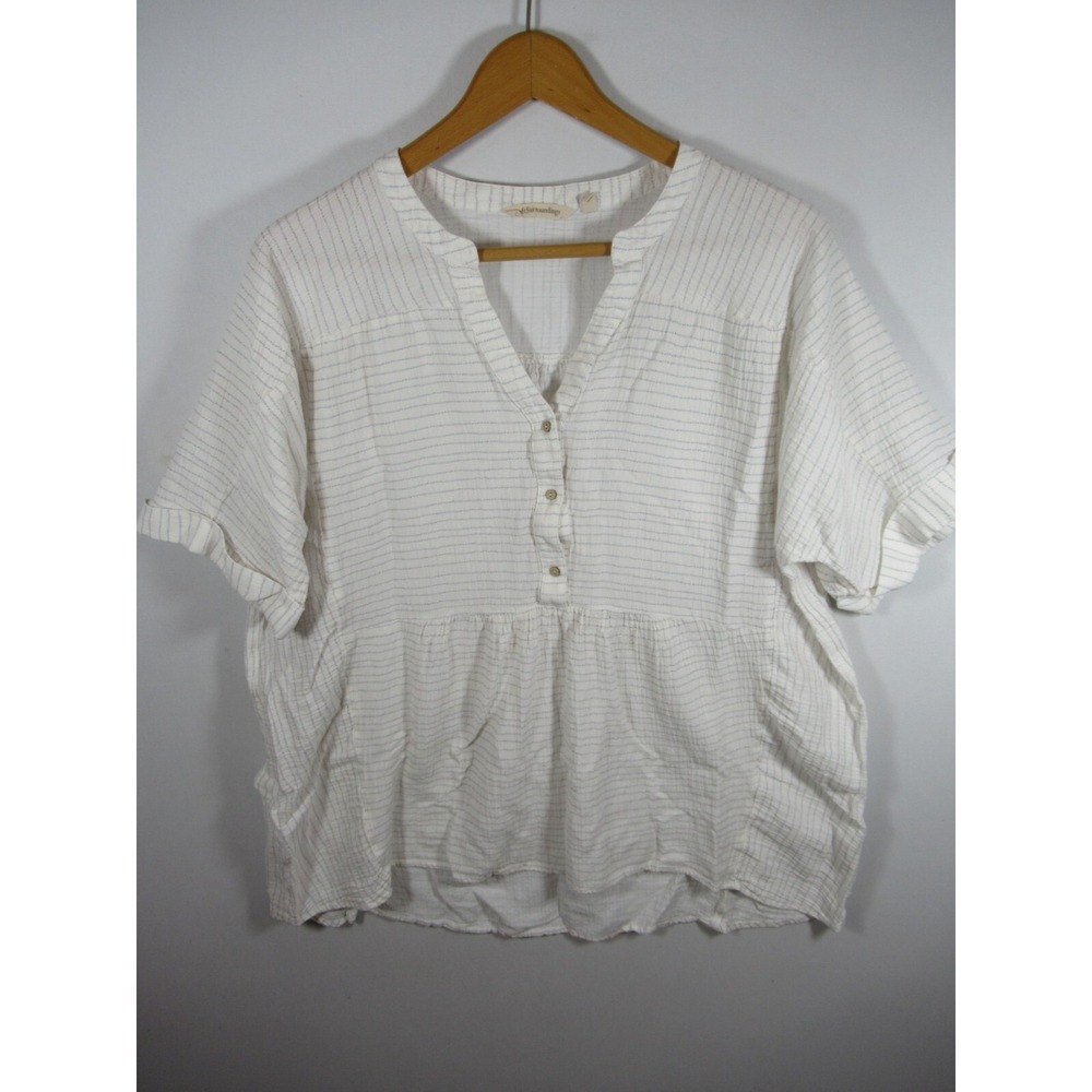 Soft Surroundings Gauzy Popover Blouse Women 1X Short Sleeve Cuffed Striped